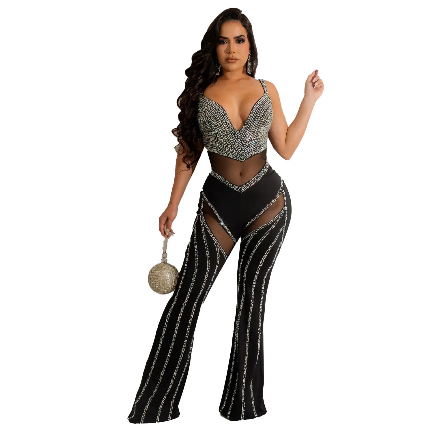 Ts selling sleeveless deep v sexy temperament slim tulle stitching studded bell bottoms thumb200