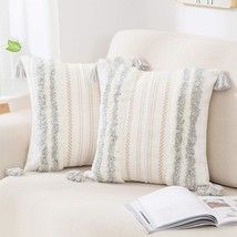 Set Of 2 Boho Decorative Throw Pillow Covers For Bed Bedroom, Light Grey. - £40.40 GBP