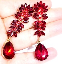 Red Drop Pageant Earrings , Rhinestone Chandelier Prom Earrings, 2.6 Inch Bridal - £25.64 GBP