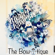 Blue Snowman Merry Christmas Ribbon Door Wreath Handmade 22 ins LED W22 - $95.00