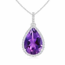 ANGARA Pear-Shaped Amethyst Halo Pendant with Diamonds in 14K Solid Gold - £2,067.00 GBP