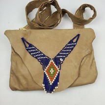 Handmade Leather Purse Dual Pockets Beaded 14x10 In Brown Leather - $193.32