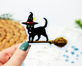 Witch Cat on Flying Broomstick Vinyl Sticker Glossy 3x2.4 Inches. - £2.79 GBP