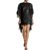 Women&#39;s Leather Real Lambskin Black Fringed Mini Dress Designer Handmade Party - £147.29 GBP+