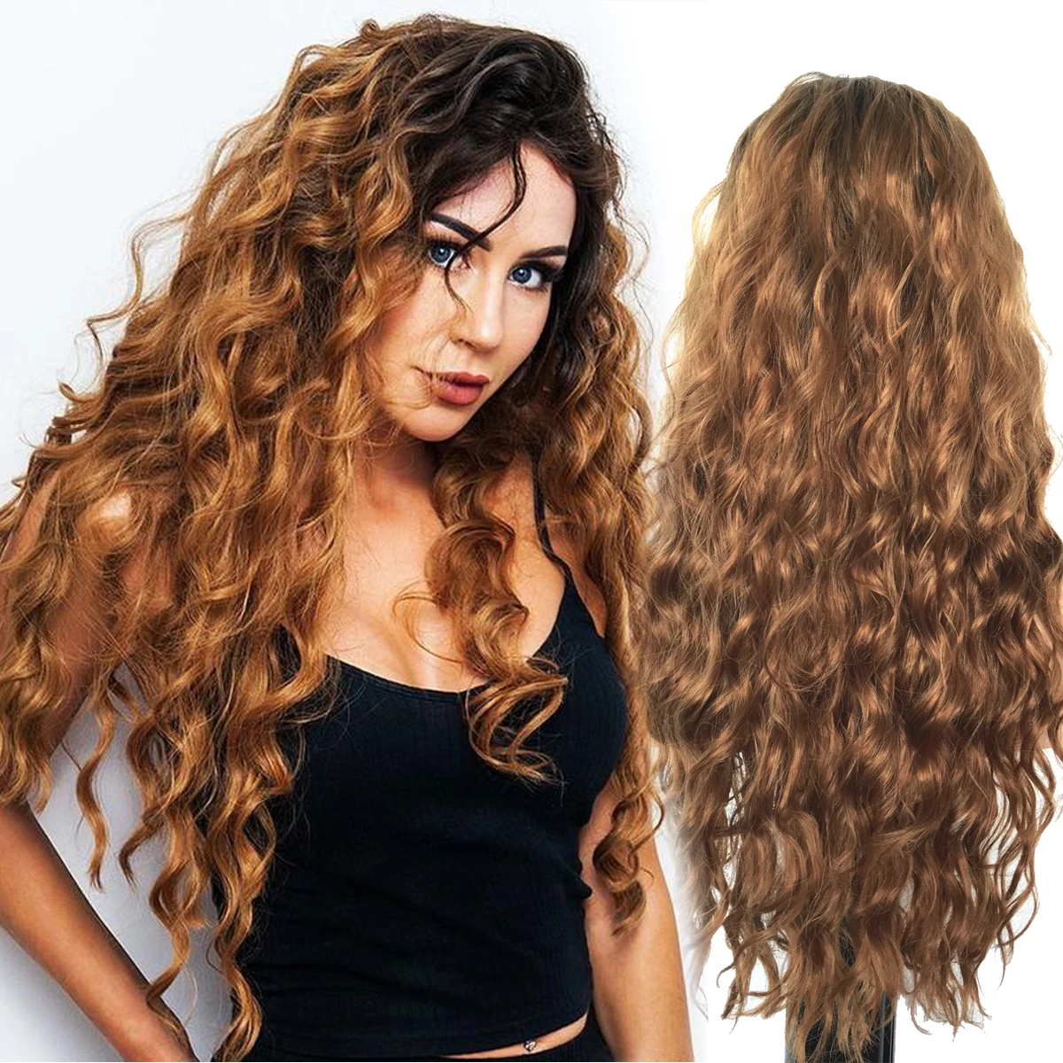 GNIMEGIL 26&quot; Ginger Curly Wig Long Wavy Wigs for Women Synthetic Ombre Brown - £28.57 GBP