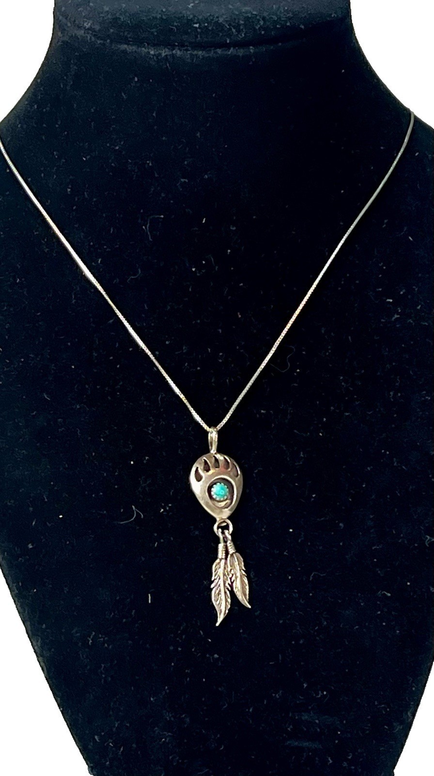 Running Bear Navajo 925 Sterling Silver Bear Paw Turquoise Feather Penda... - $78.99