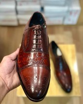 Handmade Bespoke Brown Color Genuine Leather Cap Toe &amp; Crocodile Texture Oxford  - £167.97 GBP
