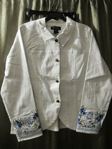 Vintage Ladies Denim &amp; Co White Stretch Denim Embroidered Lined Jacket L... - £54.92 GBP