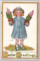 Easter Greetings Cute Girl Blue Hat Coat Flower Pots F.A .Owen Postcard O25 - £5.56 GBP