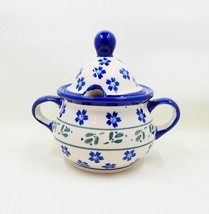 Zaklady Polish Pottery Lidded Sugar Bowl Daisy Field Aqua Floral Ivy Leaves - £31.16 GBP