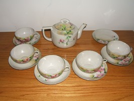 Vintage Hand Painted Floral Teapot; Cup &amp; Saucer Set of 13 (Japan) - £15.47 GBP
