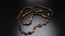 Antique Knotted China Sterling Silver Tigers Eye Necklace 28  Beads 10mm... - $141.16