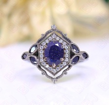 Handmade New Oval Blue Sandstone 925 Silver Black Rhodium Plated Art Deco Ring - $79.99