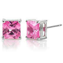 1.00 Ct 4mm Women 14K White Gold Princess Cut Pink Sapphire Stud Earrings - £26.11 GBP