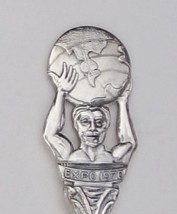 Collector Souvenir Spoon Japan Osaka Expo 1970 Man Lifting Globe World Figural - £10.27 GBP
