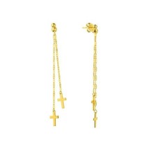 14K Solid Real Yellow Gold Double Strand Cross Dangle Post Earrings - £188.29 GBP