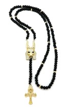 Anubis Head &amp; Ankh Cross Pendant 6mm/28&quot; Wood Bead Chain Hip Hop Necklace RC3551 - £13.45 GBP