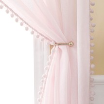 Linen Textured Window Sheer Curtains With Pom Pom For Kitchen Bathroom Semi Tran - $40.99