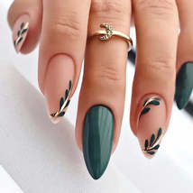 24Pcs Simple Almond Fake Nails with Green Leaves Design - $14.95