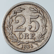 1881-EB Sweden 25 Ore Silver Coin in XF Condition KM #739 - $85.85 CAD