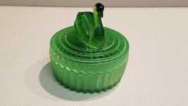 Vintage Despression Frosted Green Glass Swan Lidded Vanity Powder Dish - $15.79