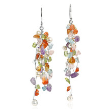 Classy Cluster Multi-Colored Gemstone Pearl Long Dangle Earrings - £17.72 GBP