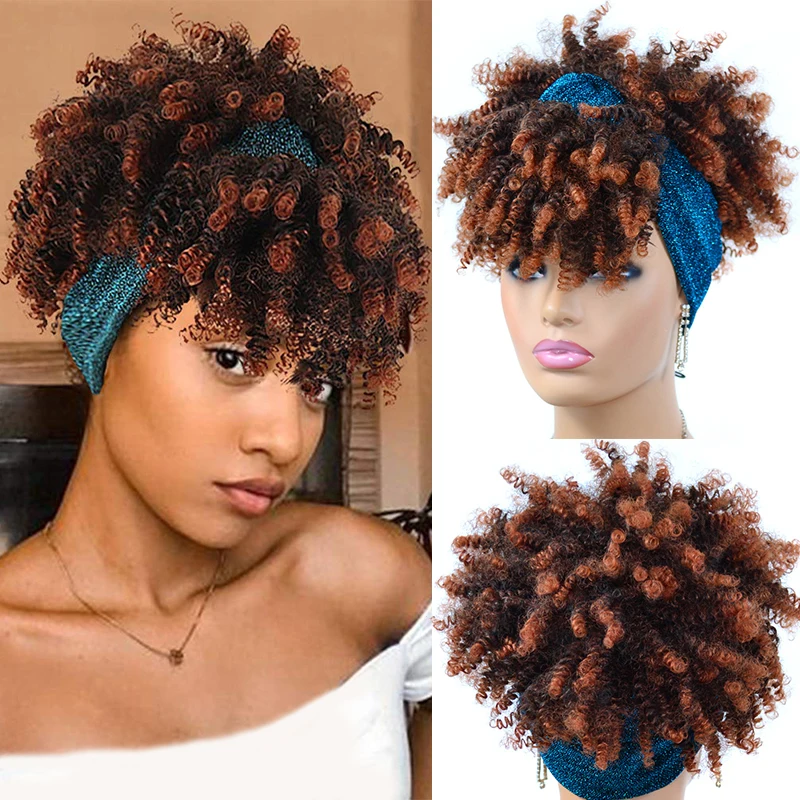 Short Afro Kinky Curly Headband Wigs Synthetic Turban Wrap Hair Wig With Pu - £17.79 GBP+
