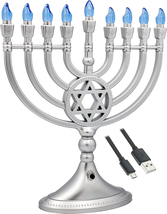 Traditional LED Electric Silver Hanukkah Menorah with Crystals (Silver Hanukkah  - £36.30 GBP