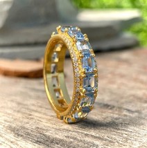 Natural Aquamarine Full Eternity Wedding Band, 14K Gold Plated Ring For Woman - £88.06 GBP