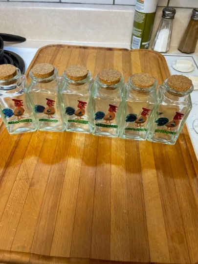 Vintage set of (6) glass chicken spice jars with cork lids Excellent use... - $16.00