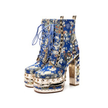 Women Ankle Boots Plant Flower Pattern Platform Zipper-Sid Lace-Up Ladies Shoes  - £111.85 GBP