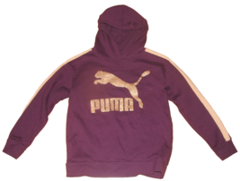 Puma Purple Hoodie Hooded Sweatshirt Gold Glitter Puma Girl Size L 10/12 - £11.71 GBP