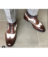 Handmade Men&#39;s Two Tone Wing Tip Brogue Lace Up Dress Shoes, Real Leathe... - $235.84 CAD