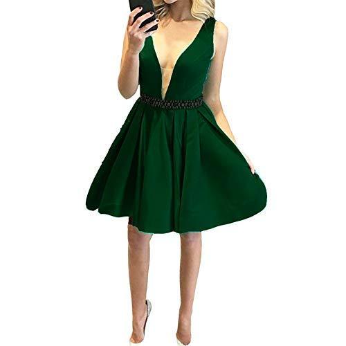 Kivary Satin Sheer V Neck Beaded Waist Formal Prom Homecoming Dress Emerald Gree