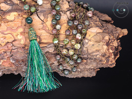 long boho necklace, Kashgar garnet, marbled red, green, tassel, St. Patrick&#39;s - £31.17 GBP