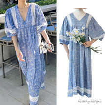 Women&#39;s Boho V-neck Puff Sleeve Paisley Print Empire-Waist Cotton Dress ... - $49.99