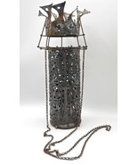 Vintage Punched Tin Hanging Lantern Brutalist Medieval Rustic 9.5&quot; Chain... - $83.71 CAD