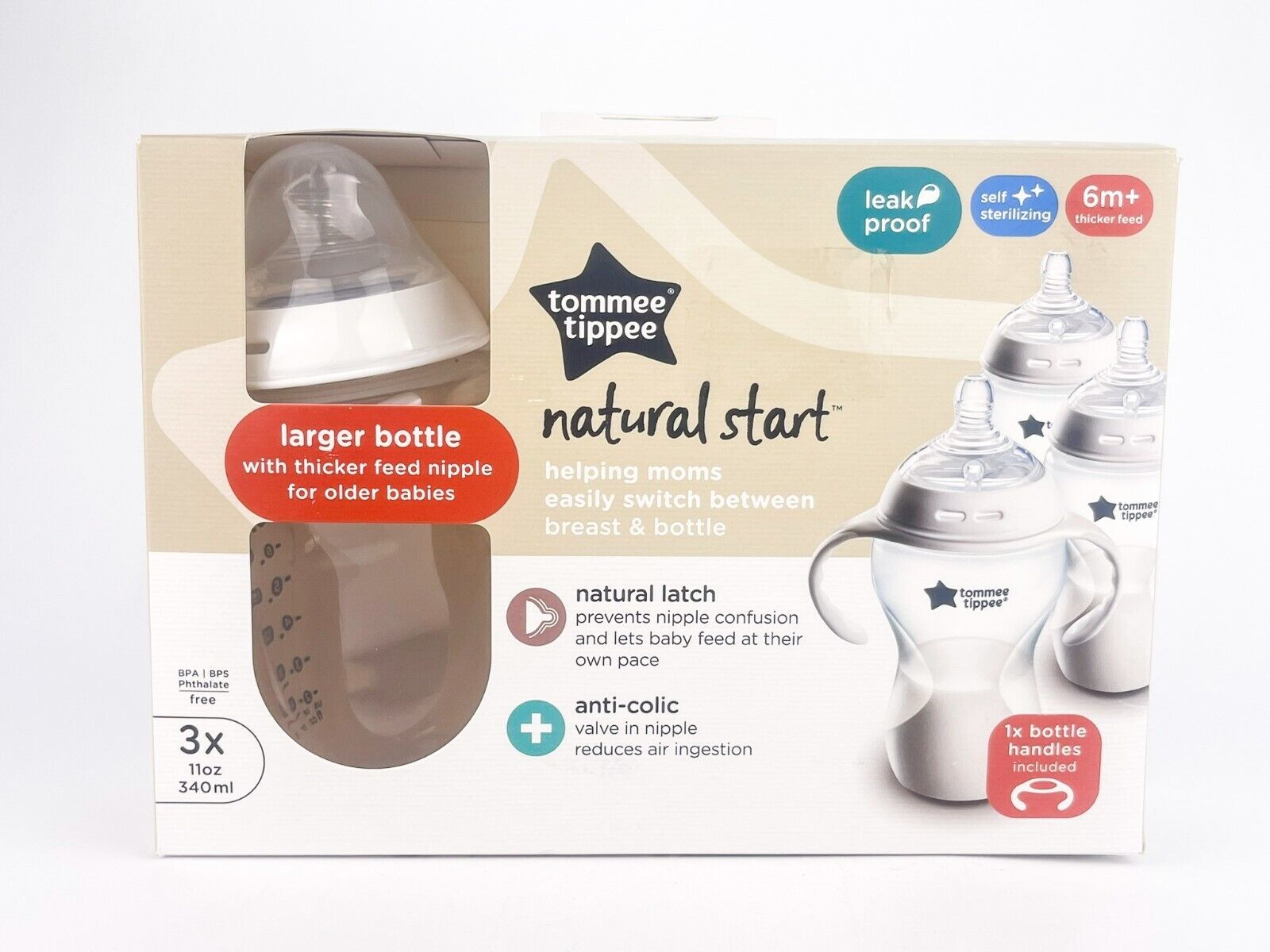 Primary image for Tommee Tippee Closer To Nature 11oz Baby Bottles Thicker Feed 3 Pack 6m+ Handle