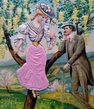 Romance Postcard Women Sitting In Tree Pink Fabric Dress Victorian Man With Cane - £20.05 GBP
