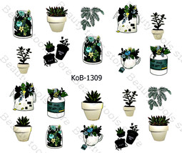 Nail Art Water Transfer Stickers green flowers leaves in pots KoB-1309 - £2.35 GBP