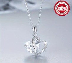 925 Sterling SILVER WHITE 3D Heart Necklace April Clear Crystal Valentine&#39;s - £19.32 GBP