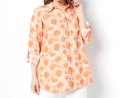 Joan Rivers Linen Shibori Print Boyfriend Shirt  - Sun Baked, Large - £19.33 GBP