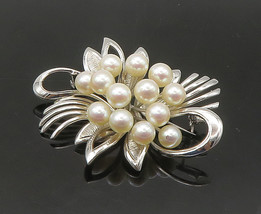 925 Sterling Silver - Vintage Shiny Pearl Cluster Ribbon Brooch Pin - BP8686 - £75.89 GBP