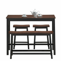 4 PCS Solid Wood Dining Table Set Counter Height w/Bench Two Saddle Stools Brown - £262.74 GBP