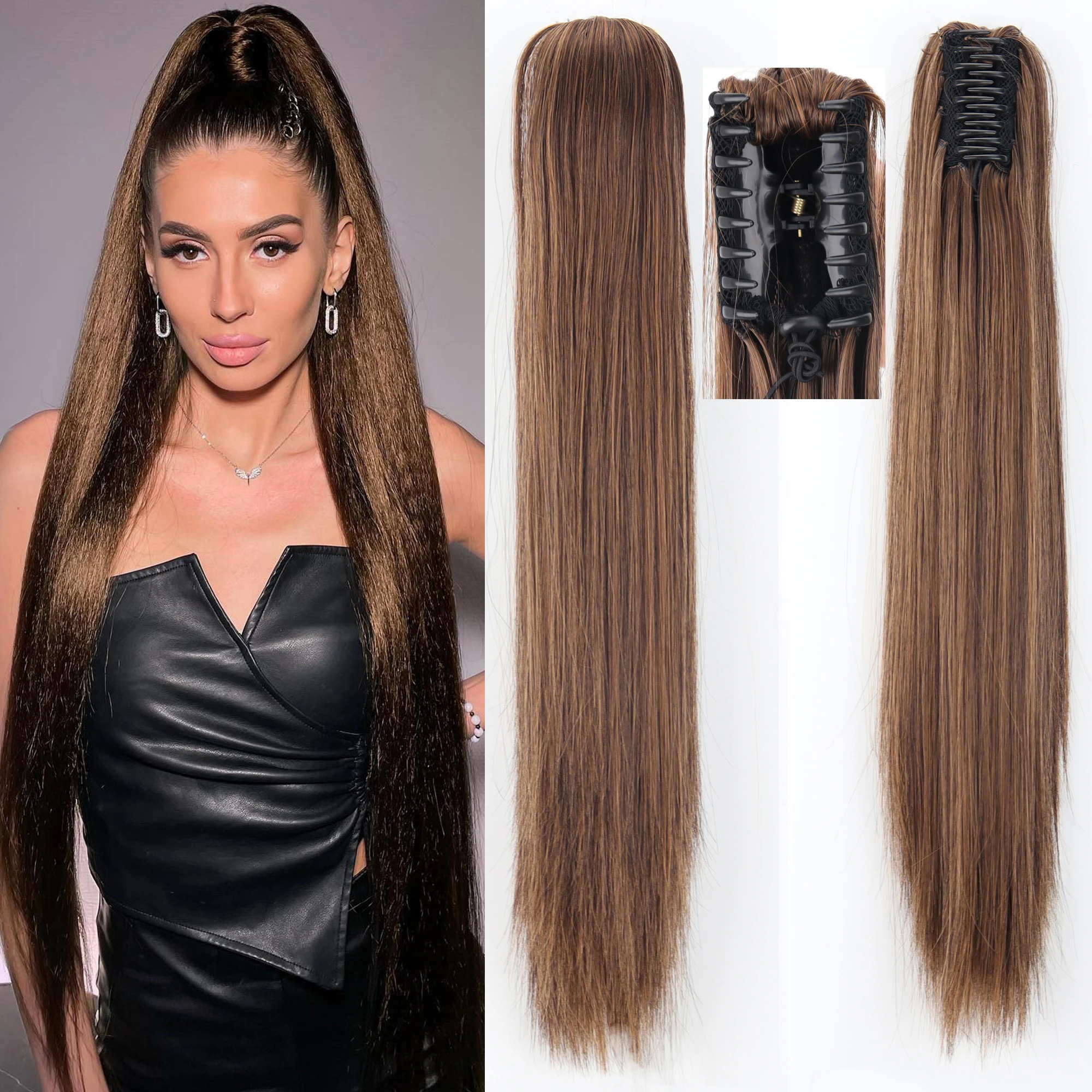 24Inch Curly Wavy Claw Clip On Ponytail Hair Extension Synthetic Black Dack Brow - £15.05 GBP