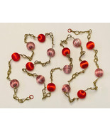Vintage Christmas tinsel chain garland with red and white satin balls 9&#39;... - $13.56 CAD