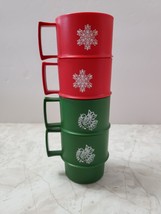 4 Vintage Tupperware Stackable Christmas Mugs Cups Red Snowflake Green Dove - $19.95