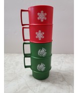 4 Vintage Tupperware Stackable Christmas Mugs Cups Red Snowflake Green Dove - £15.72 GBP