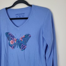 Life Is Good Long Sleeve Top M Womens Crusher Lite Tee Blue Butterfly Pullover - £14.94 GBP