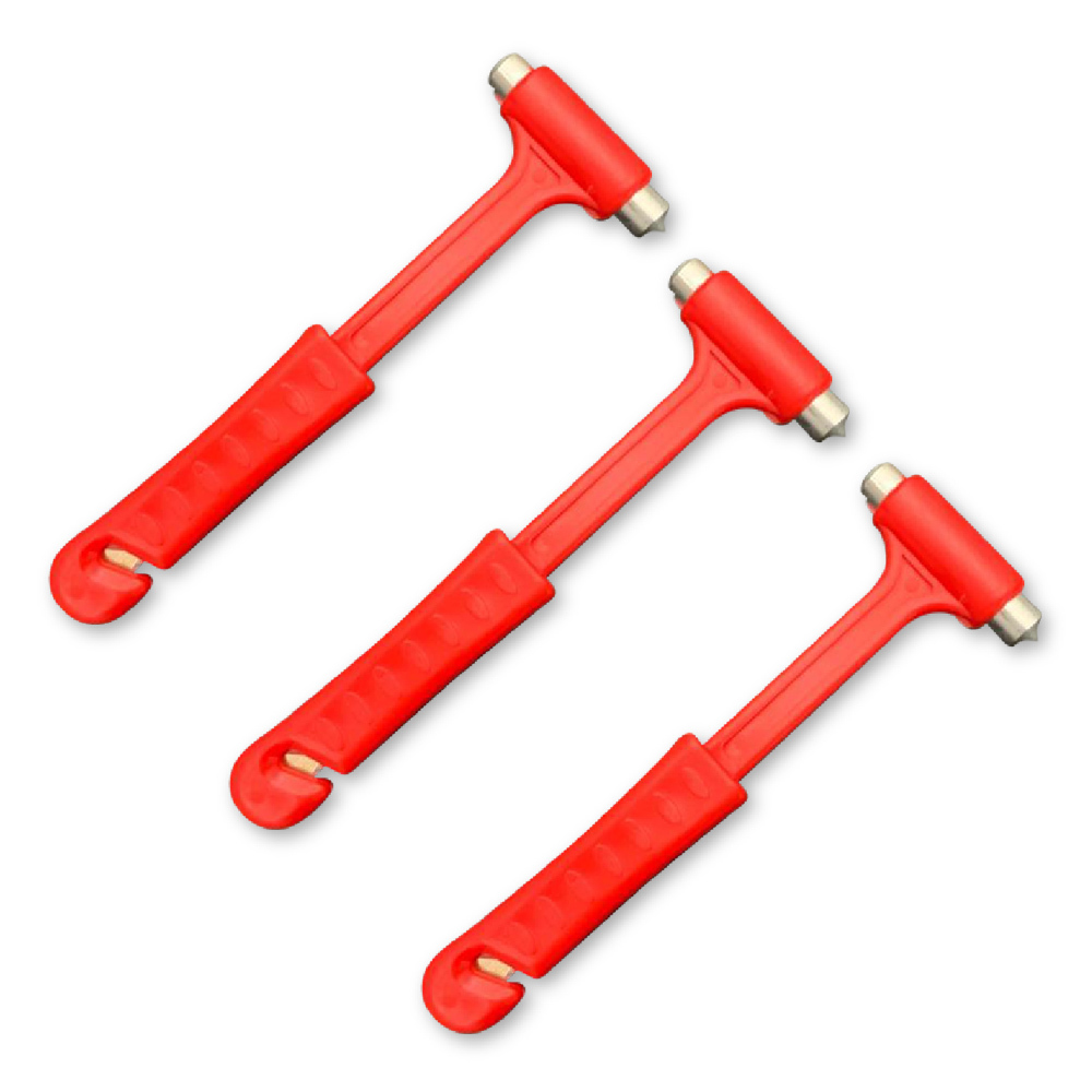 Car Safety Hammer: Window Breaker, Seat Belt Cutter (Long, Red) 3-Pack